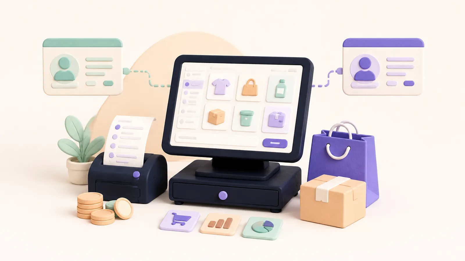 Ilustración de una terminal de venta con productos, recibo y registros comerciales.