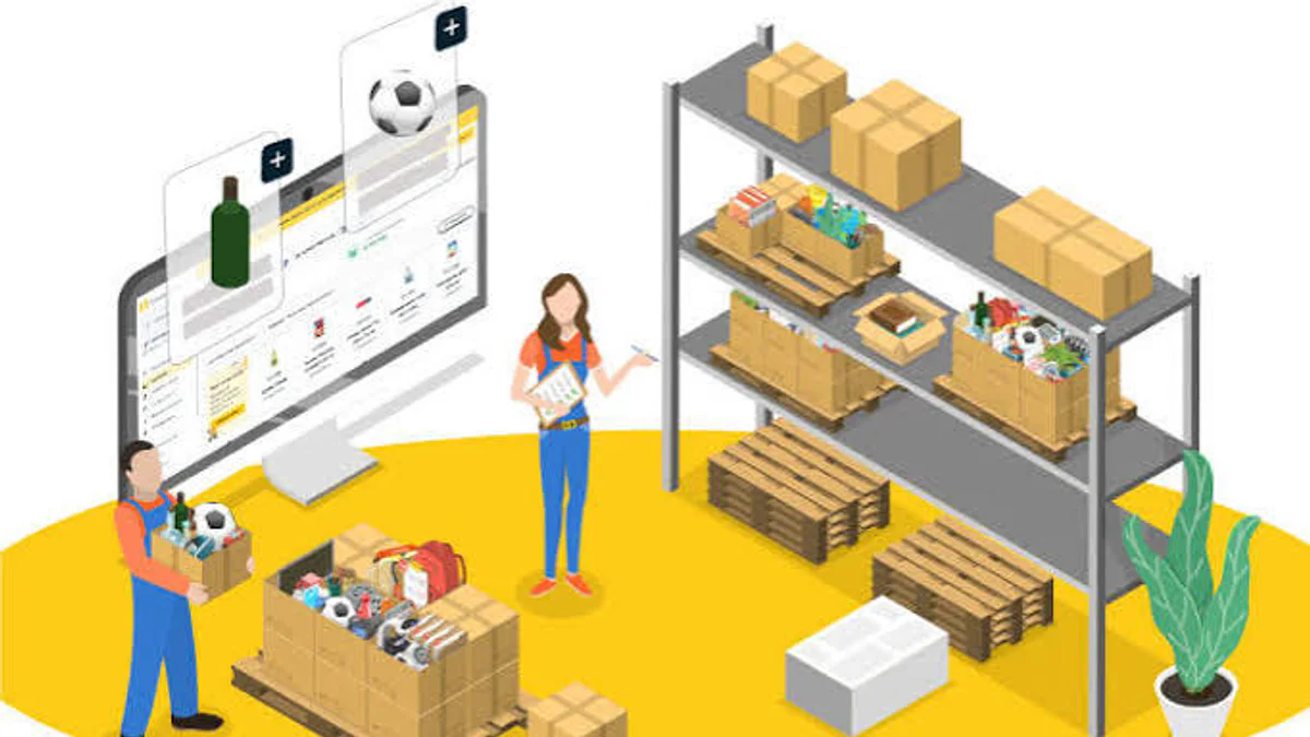 Ilustración de un almacén con mercancía, estanterías y una interfaz de control de inventario.