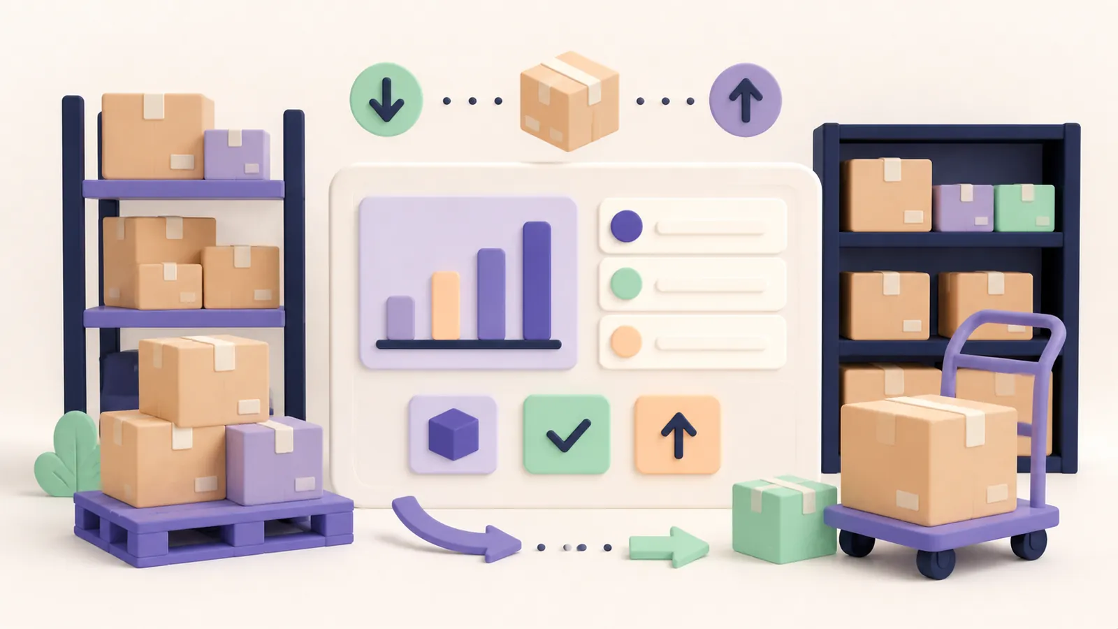 Ilustración de almacenes, cajas y un panel para controlar movimientos de inventario.
